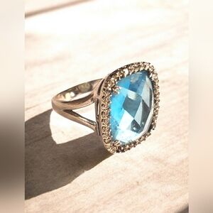Vintage Size 7 Sterling 925 Silver Ring With Huge Blue Topaz Stone